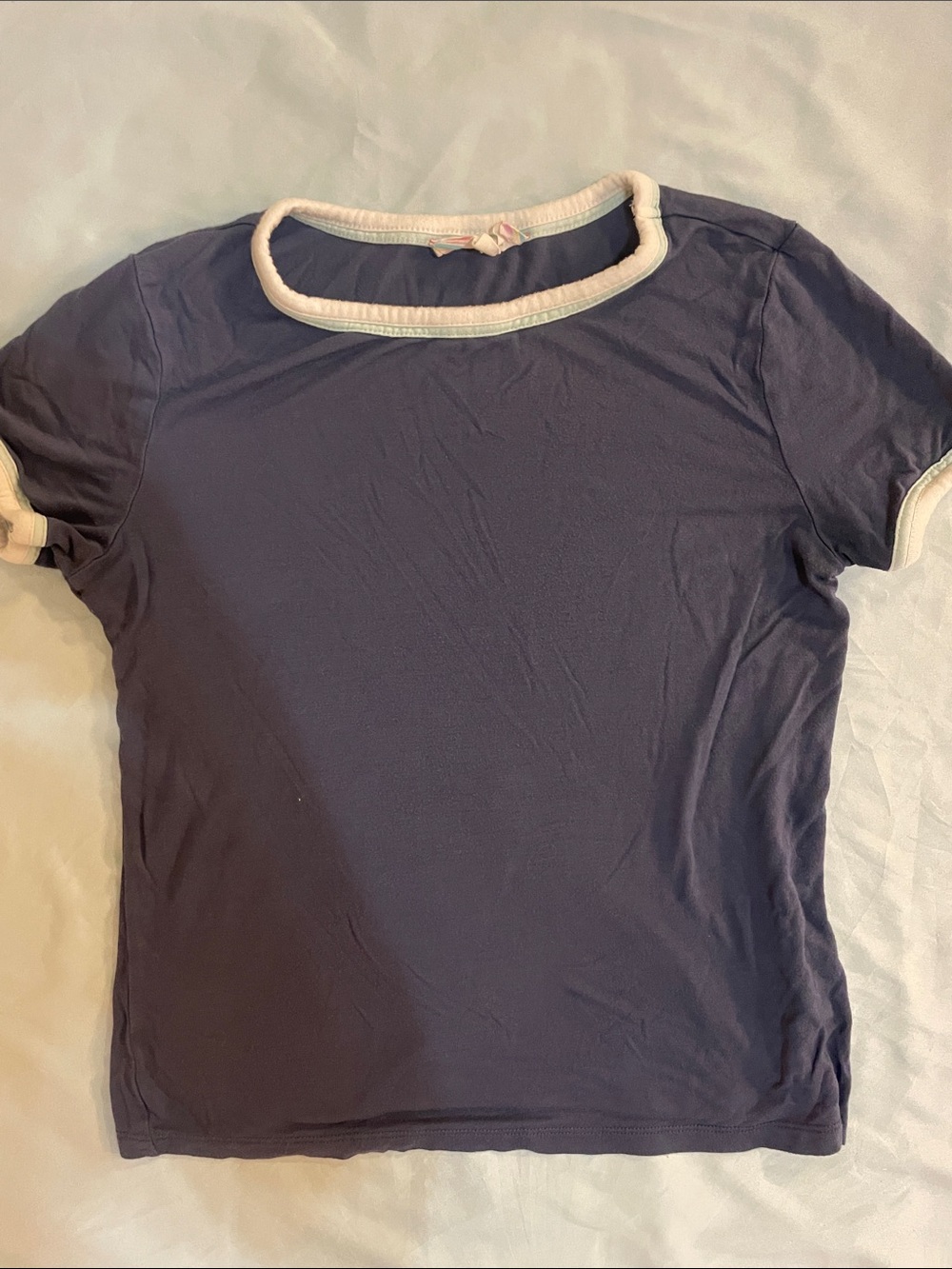 Pink Rose Short-Sleeve Ringer Crop Tee in Blue with Cream Trim